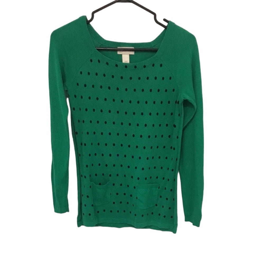 Loft women’s green sweater, long sleeves, size XXS petite, with polka dots